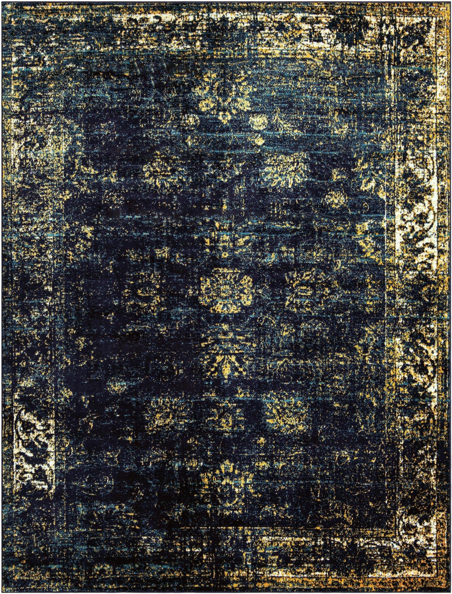 A 9x12 rectangular Monte Carlo rug in distressed navy blue with faded gold and light blue traditional medallion and floral patterns.