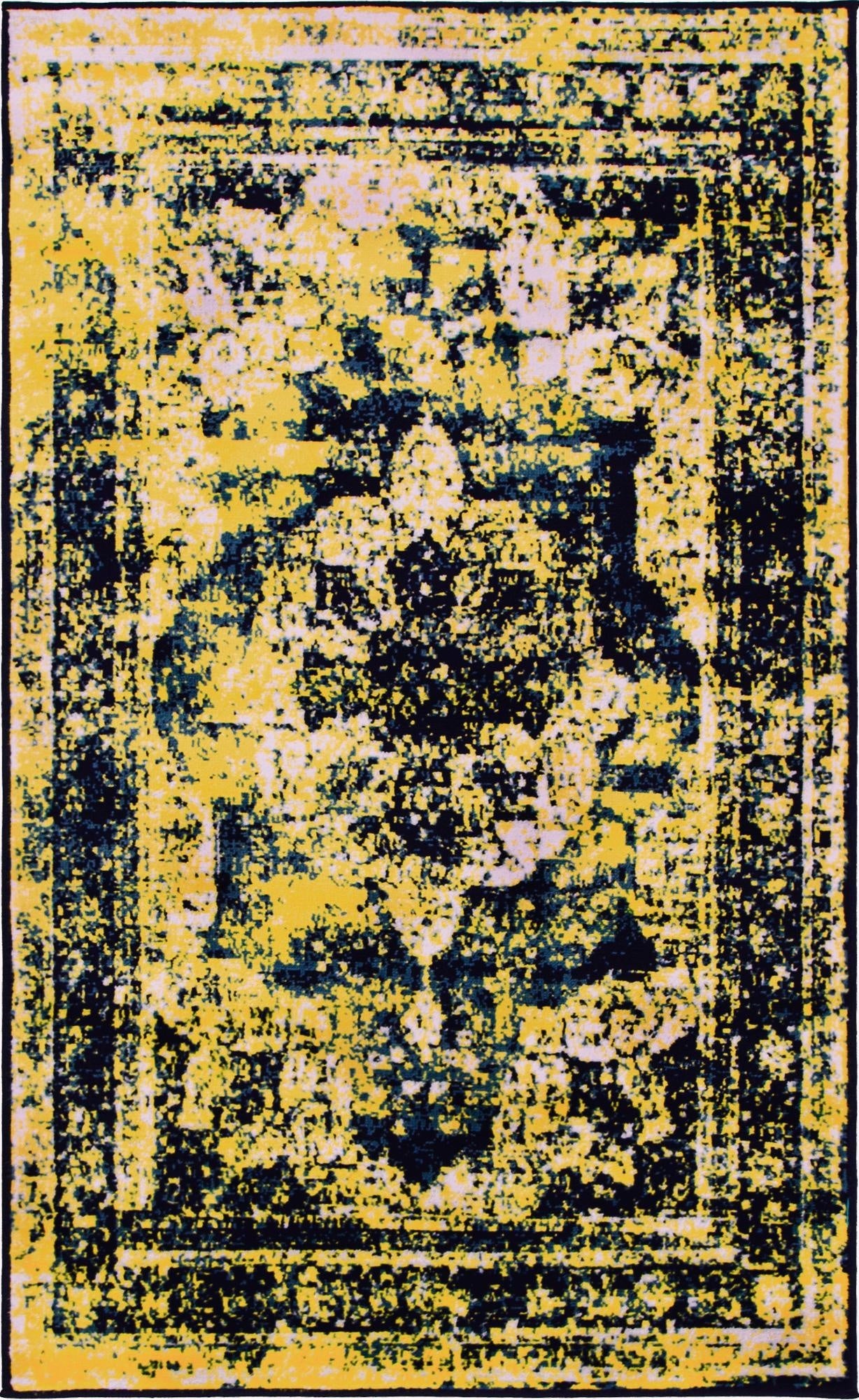 A 3x5 rectangular Monte Carlo rug featuring a distressed navy blue and yellow bohemian medallion pattern, suitable for an entryway.