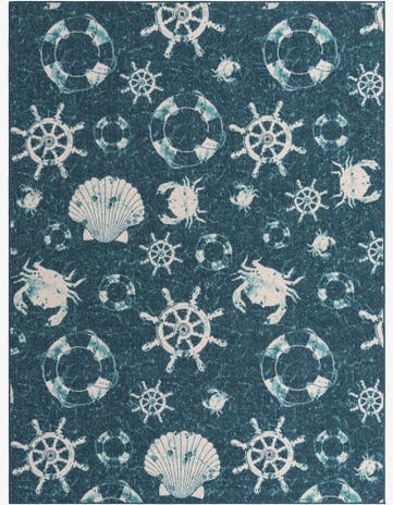 Navy Blue Easy-Clean Coastal Indoor / Outdoor Rug