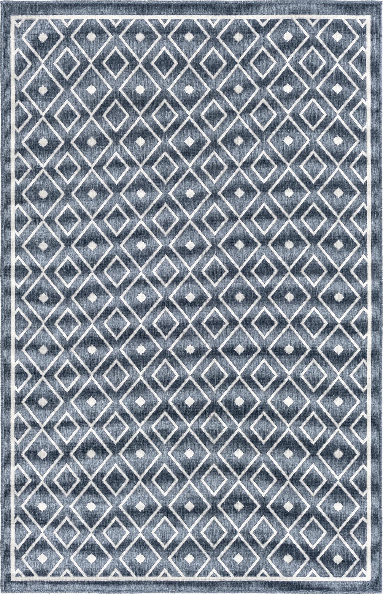 A 5x8 rectangular navy blue and white Scandinavian trellis rug with a flatweave texture, suitable for indoor or outdoor use.