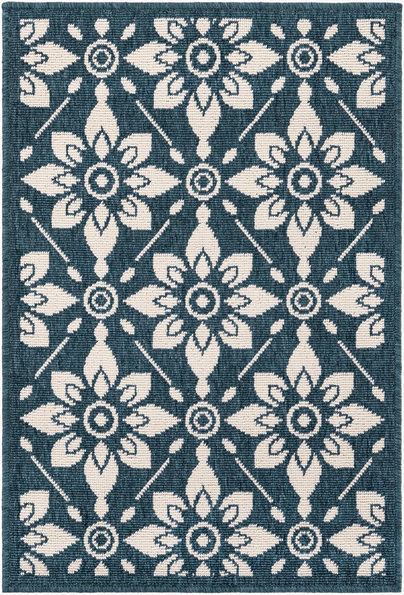 A 2x3 rectangular Rugs.com Outdoor Lattice rug featuring a repeating modern floral pattern in navy blue and cream.