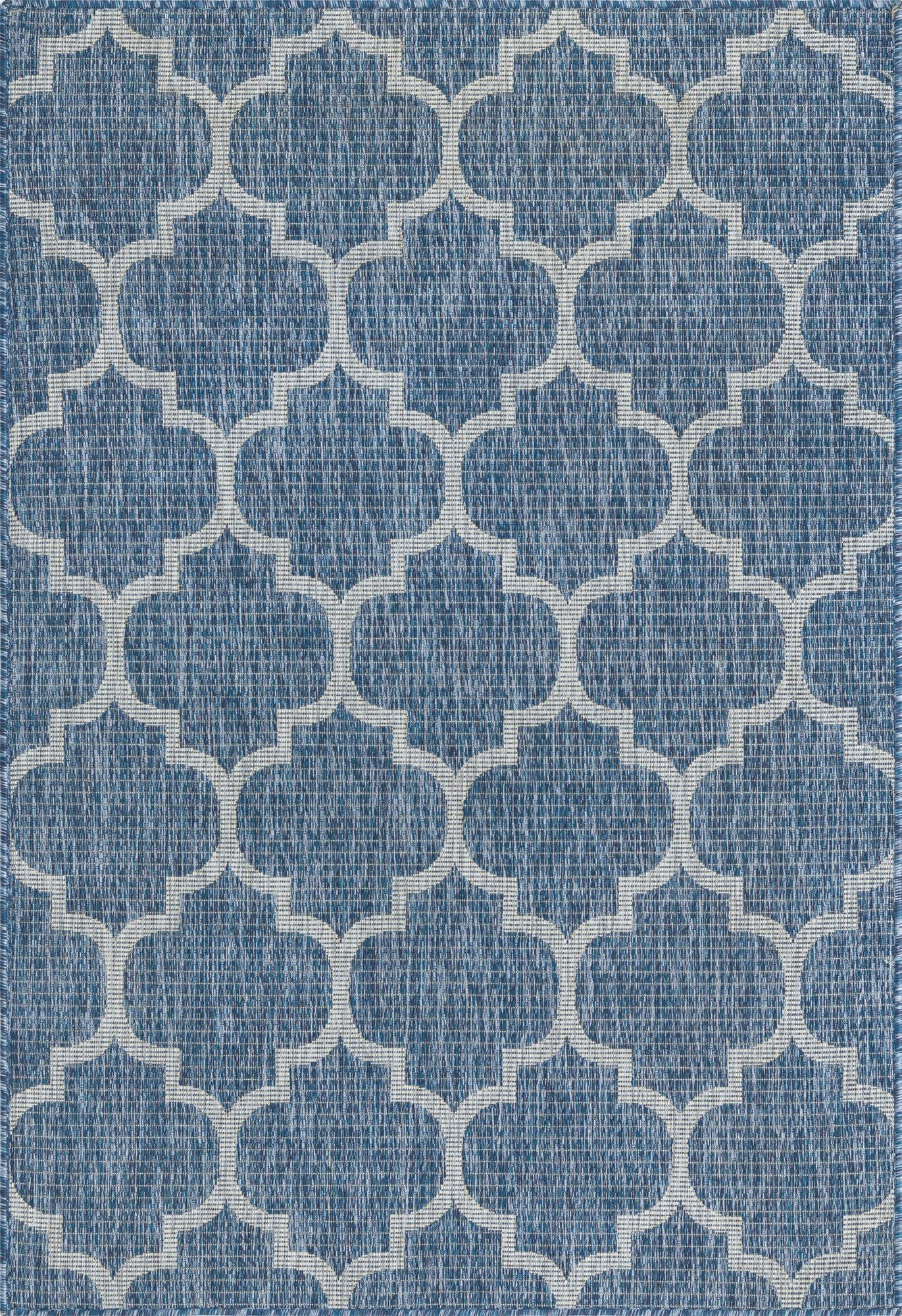 A 4x6 rectangular navy blue and light blue indoor/outdoor rug with a modern trellis pattern.