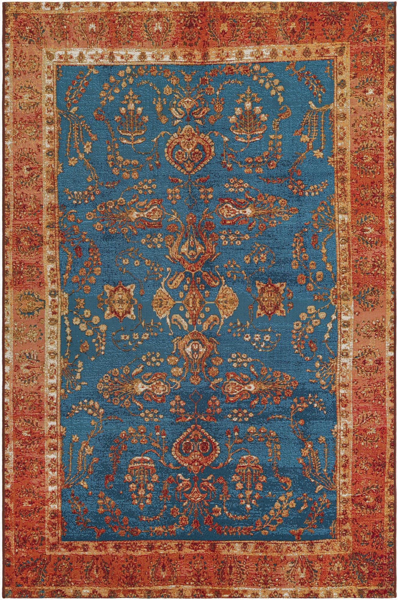 A 5x8 rectangular navy blue and orange traditional Oriental rug with a central medallion and intricate floral patterns.