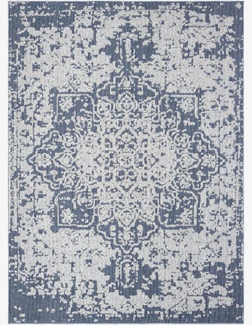 Navy Blue Easy-Clean Traditional Indoor / Outdoor Rug