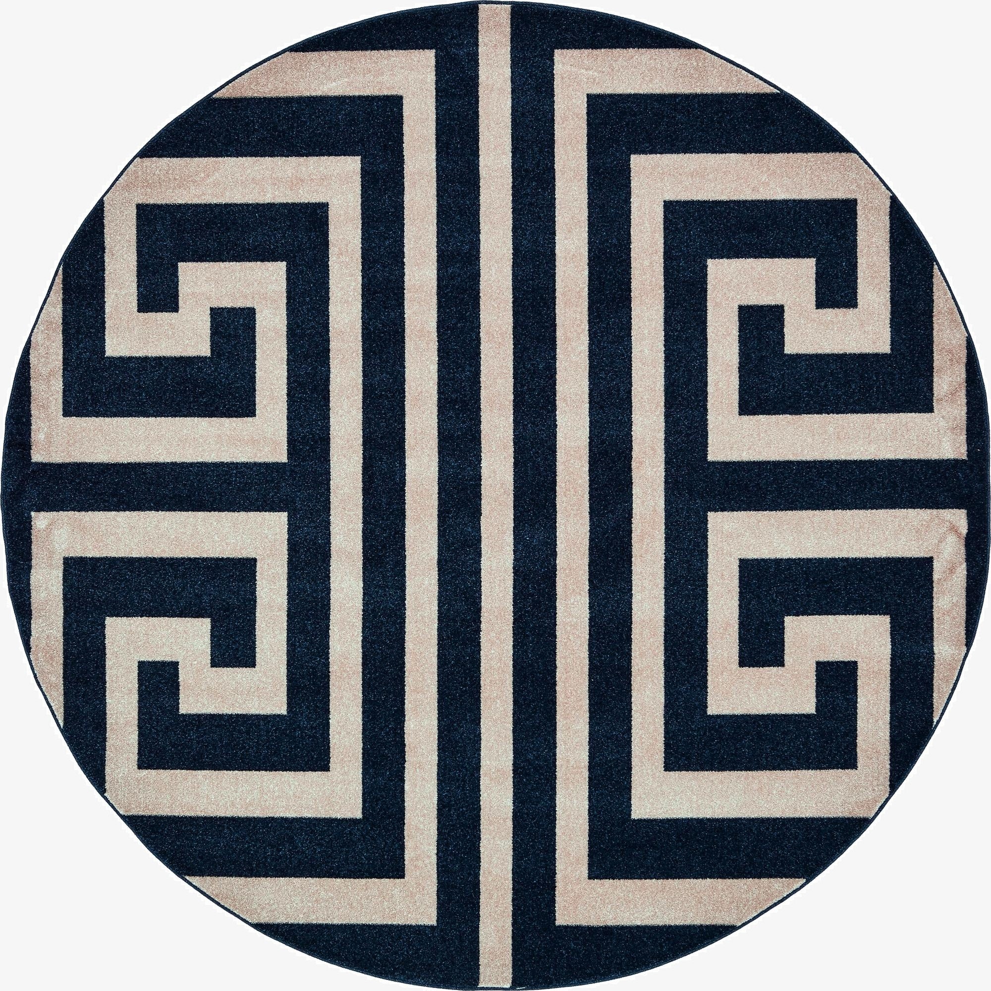 A round navy blue and light beige rug with a bold, interlocking Greek key pattern, suitable for a modern living space.