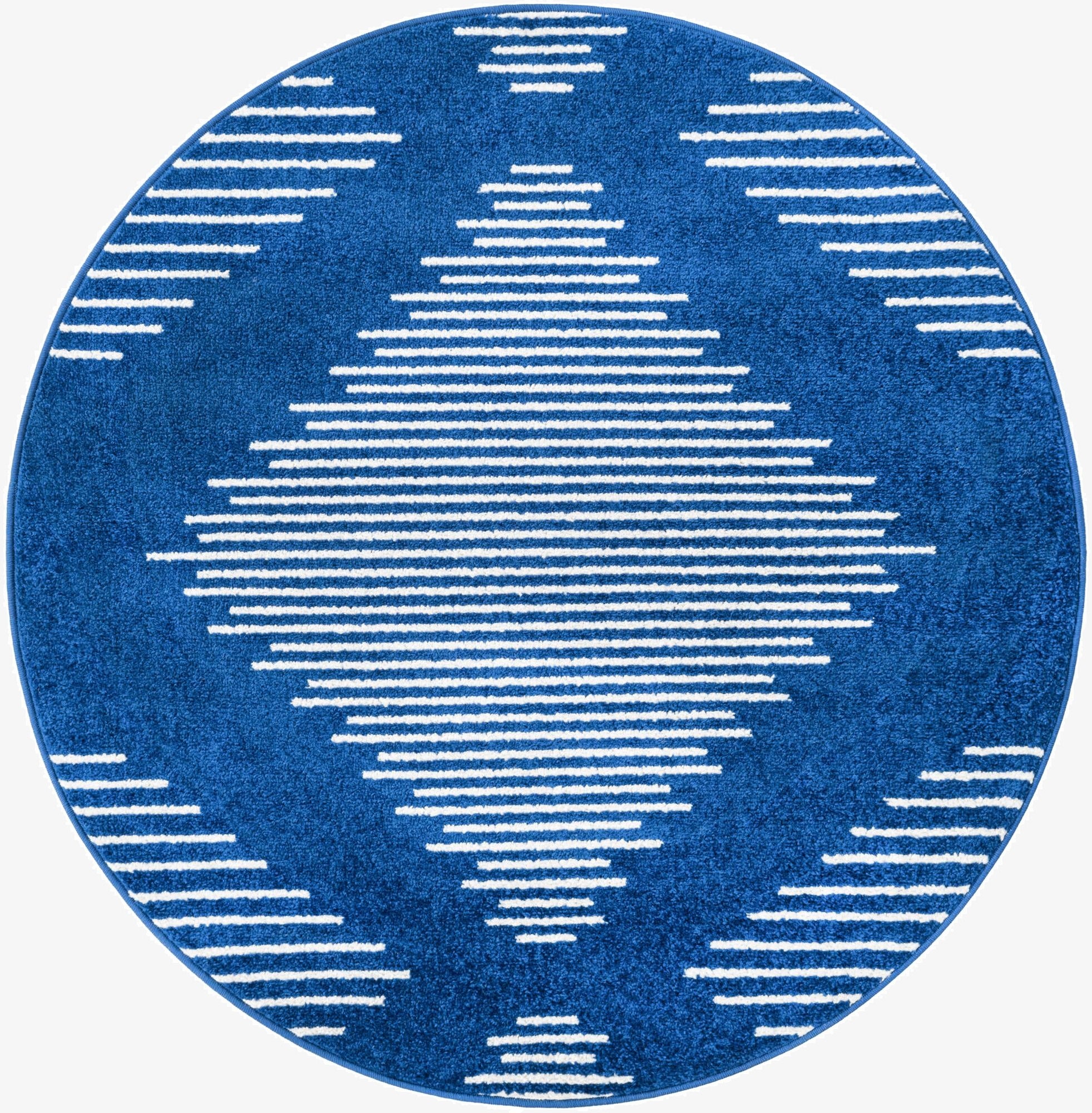 A round 4' 0 x 4' 0 navy blue rug with a modern white striped diamond pattern, suitable for indoor spaces.