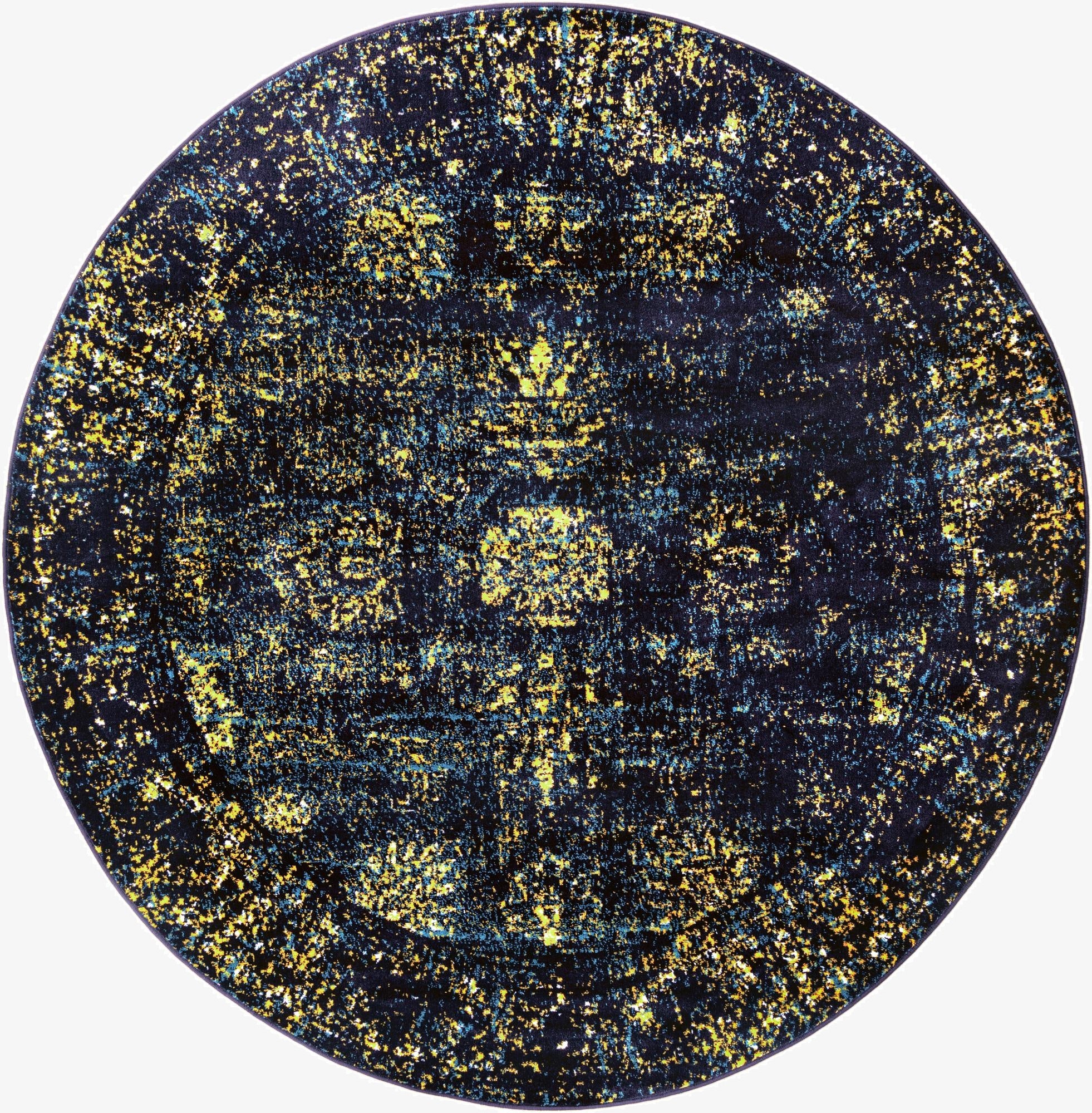 A 7' round navy blue rug with a distressed bohemian medallion pattern in yellow and light blue.