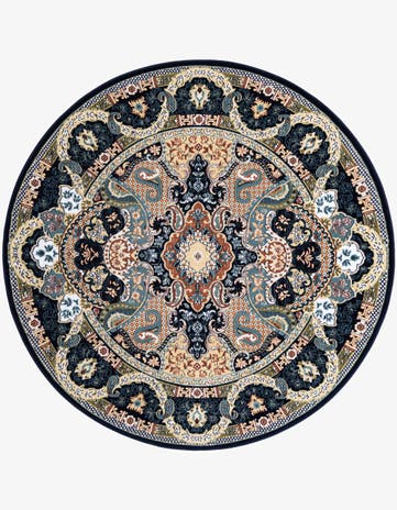 Navy Blue Nain Design Round Rug