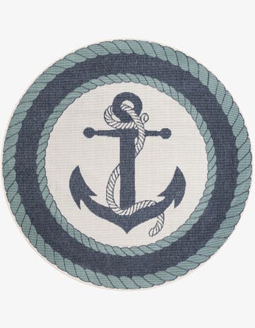 Navy Blue Easy-Clean Coastal Indoor / Outdoor Round Rug