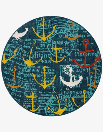Navy Blue Easy-Clean Coastal Indoor / Outdoor Round Rug