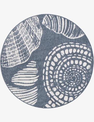 Navy Blue Easy-Clean Coastal Indoor / Outdoor Round Rug