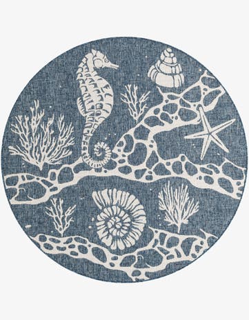 Navy Blue Easy-Clean Coastal Indoor / Outdoor Round Rug
