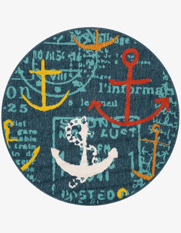 Navy Blue Easy-Clean Coastal Indoor / Outdoor Round Rug