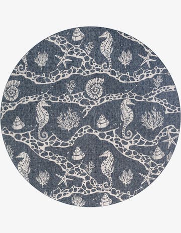 Navy Blue Easy-Clean Coastal Indoor / Outdoor Round Rug