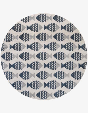 Navy Blue Easy-Clean Coastal Indoor / Outdoor Round Rug