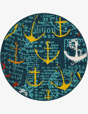 Navy Blue Easy-Clean Coastal Indoor / Outdoor Round Rug