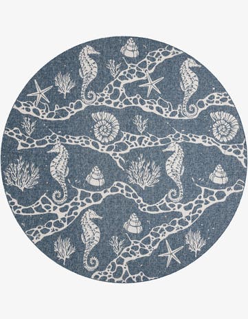 Navy Blue Easy-Clean Coastal Indoor / Outdoor Round Rug