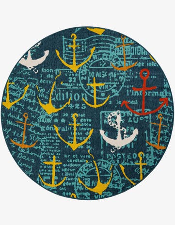 Navy Blue Easy-Clean Coastal Indoor / Outdoor Round Rug