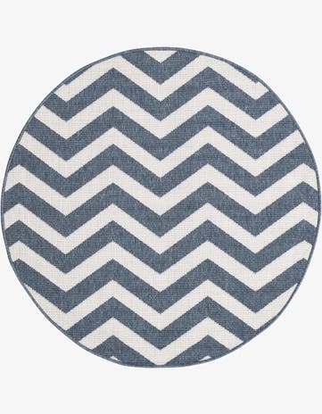 Navy Blue Easy-Clean Coastal Indoor / Outdoor Round Rug