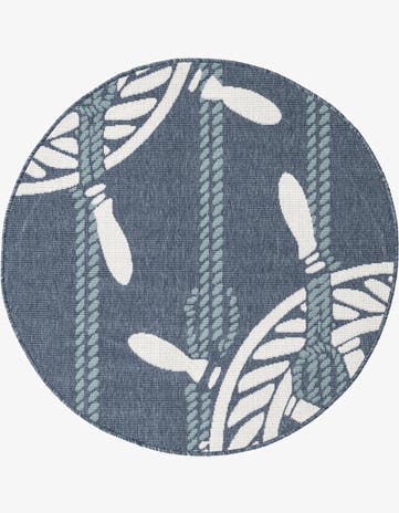 Navy Blue Easy-Clean Coastal Indoor / Outdoor Round Rug