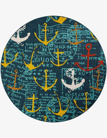 Navy Blue Easy-Clean Coastal Indoor / Outdoor Round Rug