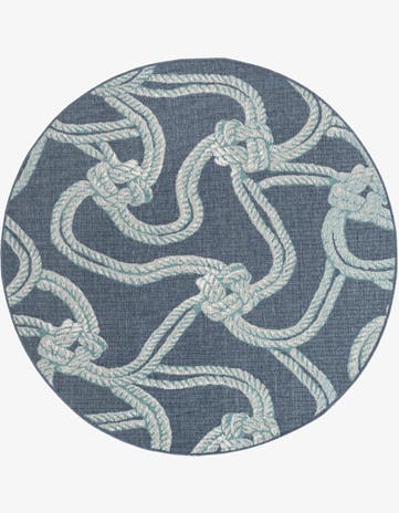 Navy Blue Easy-Clean Coastal Indoor / Outdoor Round Rug