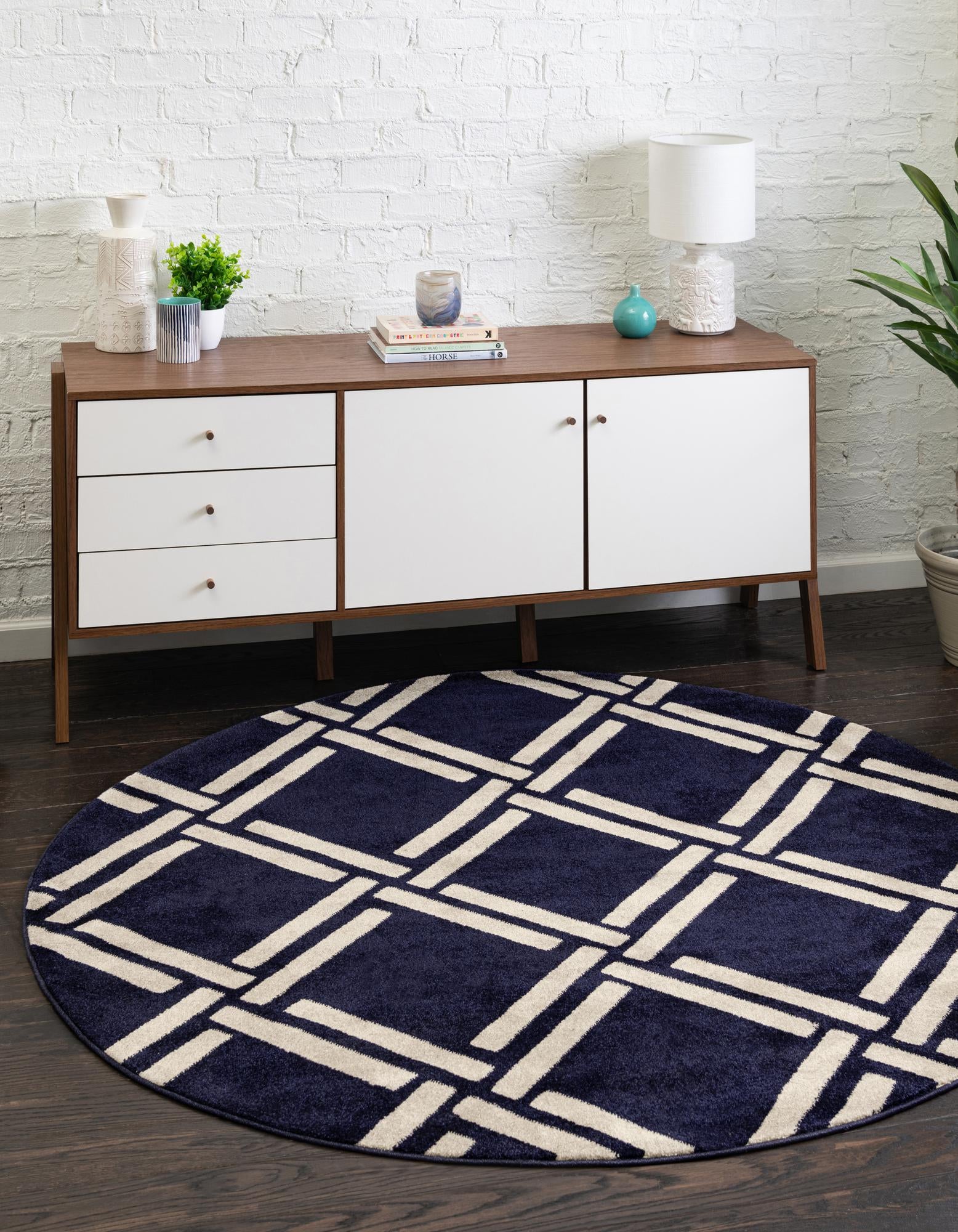 Navy Blue Trellis Round Rug
