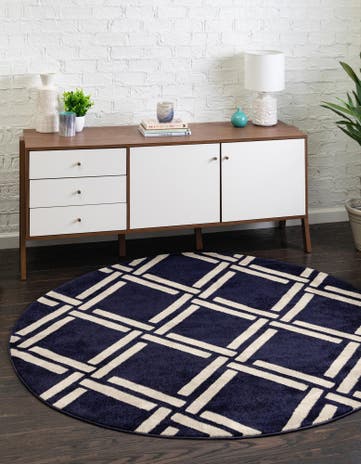 Navy Blue Trellis Round Rug