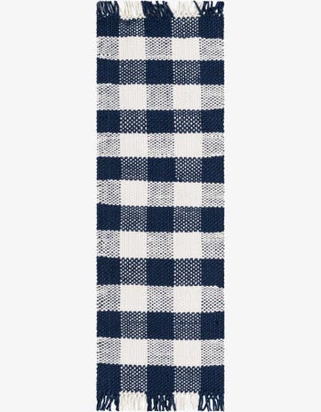 Navy Blue Easy-Clean Eco Plaid Washable Indoor / Outdoor Runner Rug