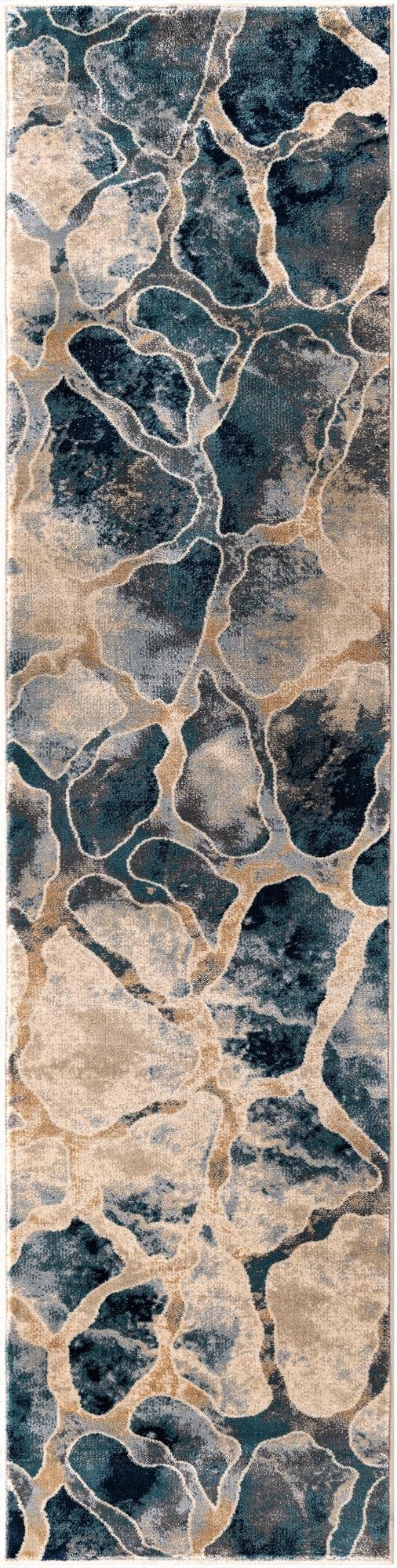 A 7 ft runner rug featuring an abstract, modern pattern in shades of blue and beige, ideal for a hallway.