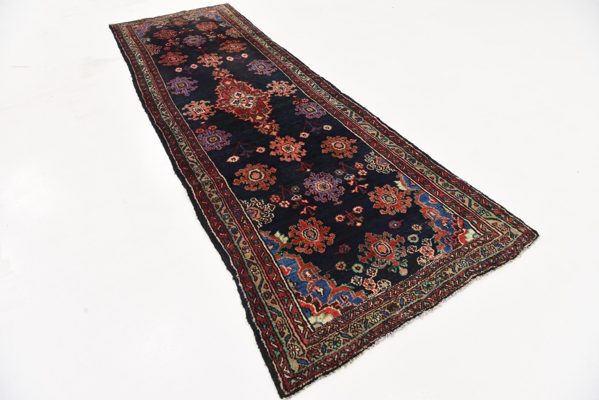 3' 7 x 9' 9 Hand Knotted Hamedan Persian Wool Runner Rug