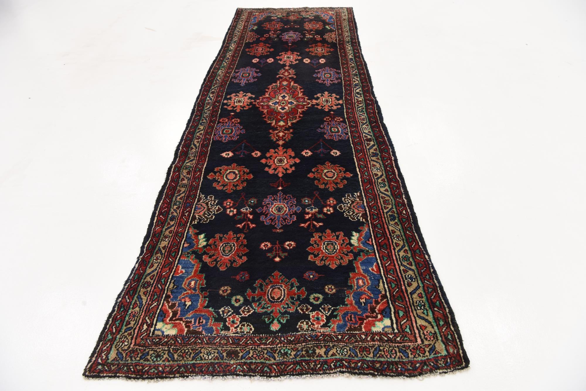 3' 7 x 9' 9 Hand Knotted Hamedan Persian Wool Runner Rug
