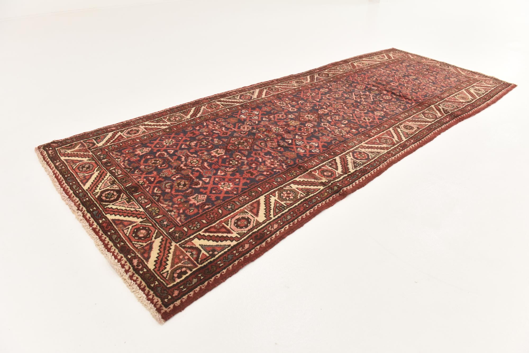 3' 9 x 9' 9 Hand Knotted Hossainabad Persian Wool Runner Rug