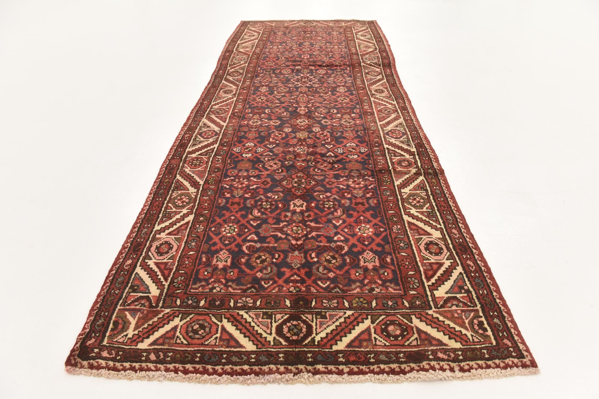 3' 9 x 9' 9 Hand Knotted Hossainabad Persian Wool Runner Rug