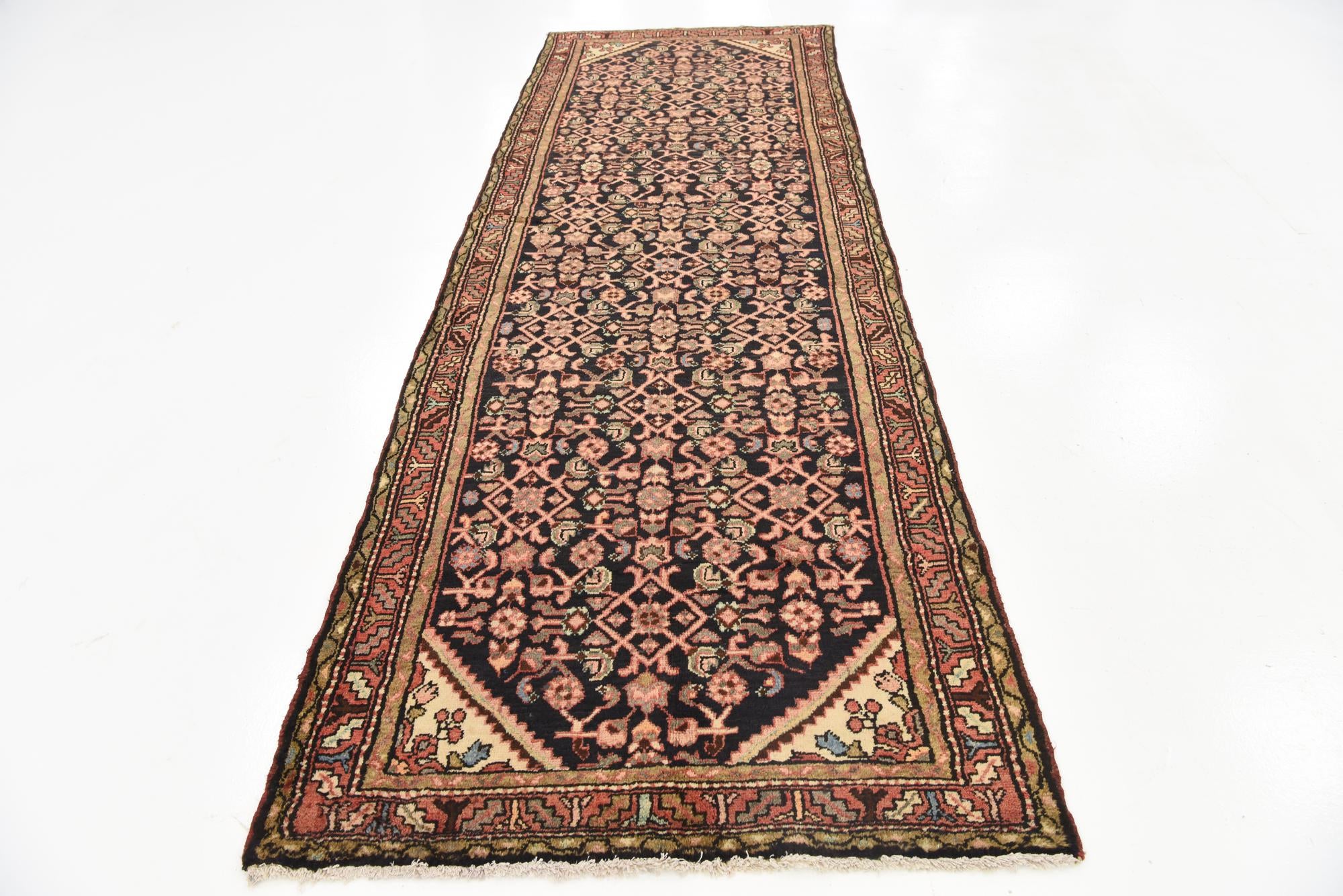 3' 7 x 10' 6 Hand Knotted Hossainabad Persian Wool Runner Rug