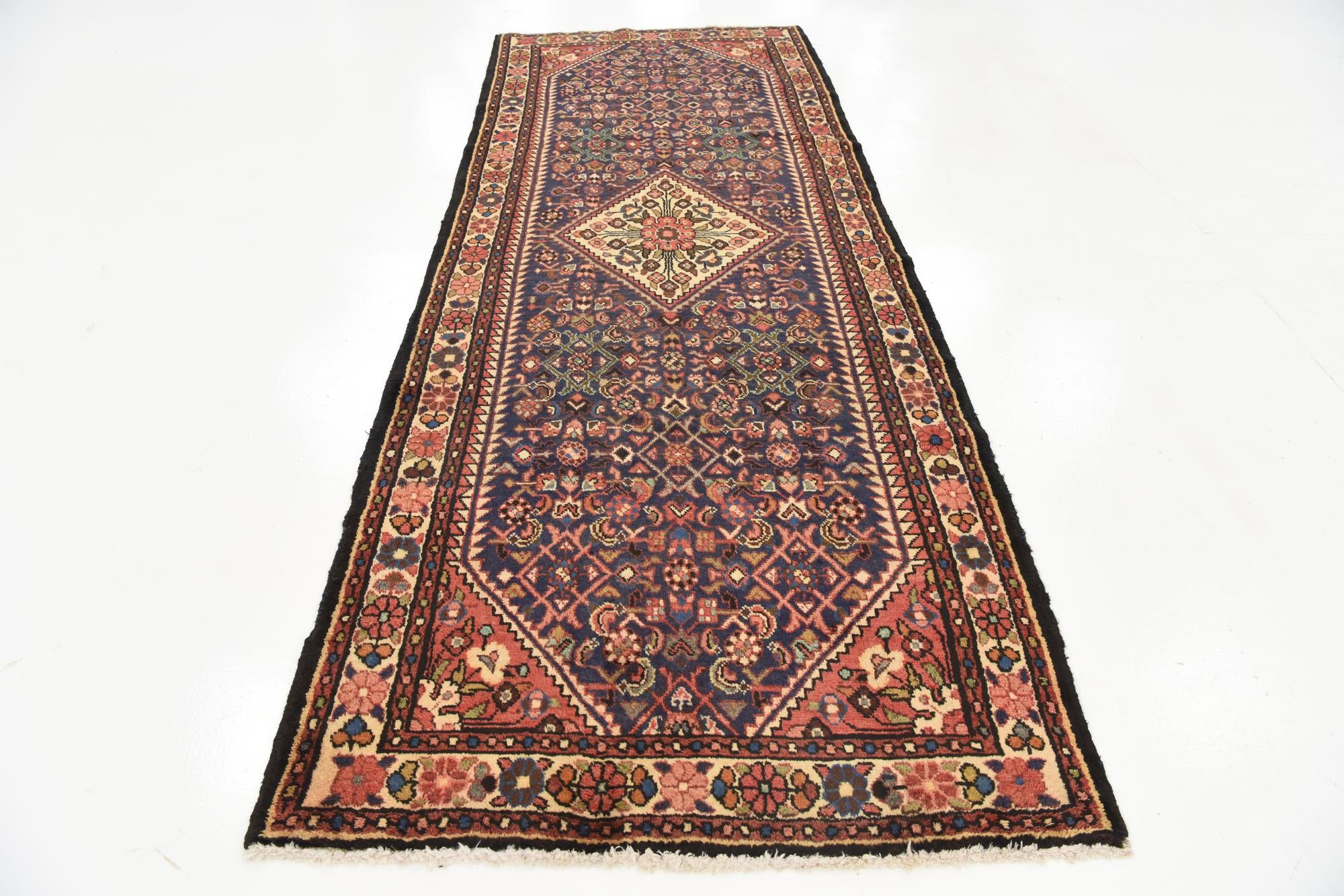 3' 9 x 9' 11 Hand Knotted Hossainabad Persian Wool Runner Rug