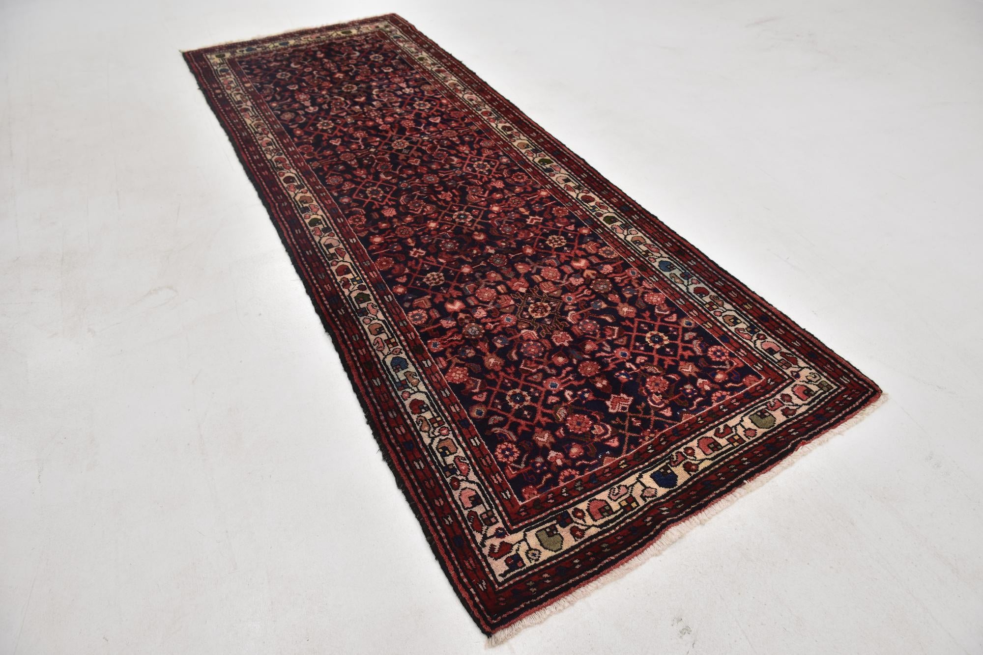 105cm x 300cm Hand Knotted Hossainabad Persian Wool Runner Rug