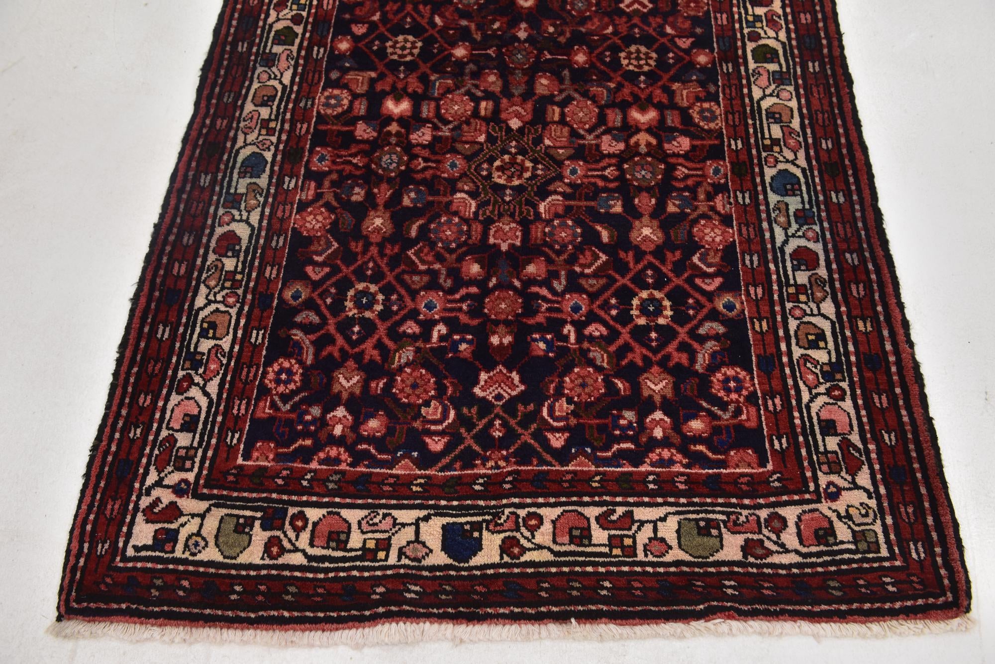 105cm x 300cm Hand Knotted Hossainabad Persian Wool Runner Rug