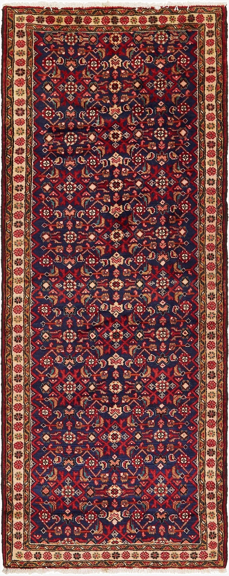 3' 9 x 9' 9  Hand Knotted Hossainabad Persian Wool Runner Rug
