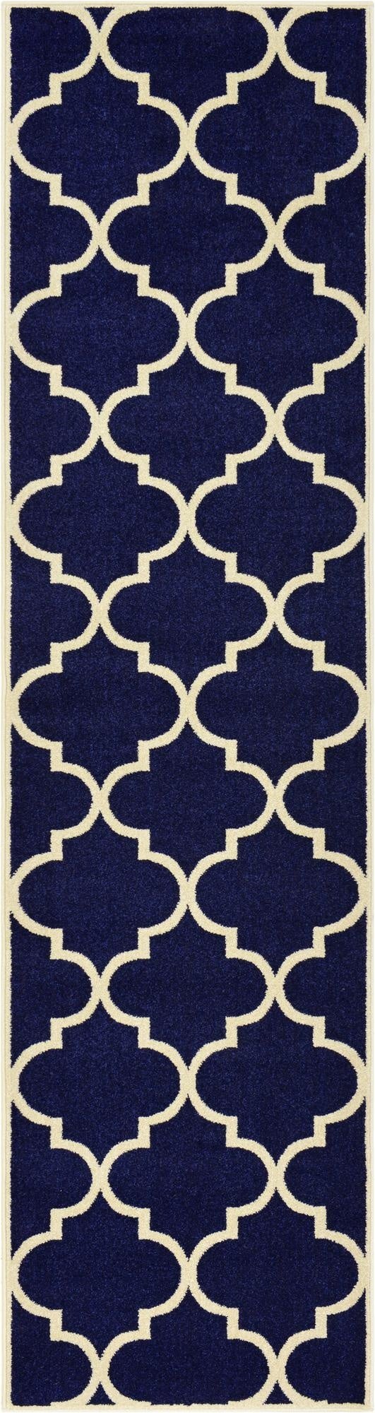 A 10 ft runner rug in navy blue with a cream modern trellis pattern, ideal for hallways.