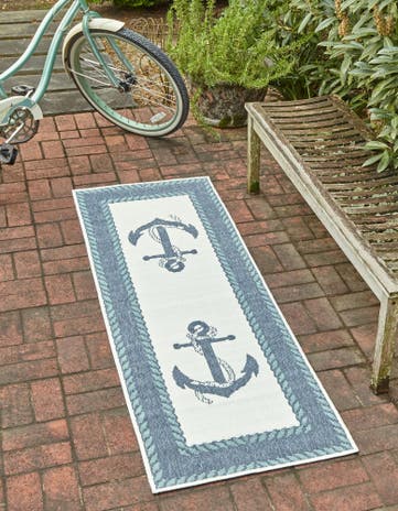 Navy Blue Easy-Clean Coastal Indoor / Outdoor Runner Rug