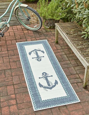 Navy Blue Easy-Clean Coastal Indoor / Outdoor Runner Rug