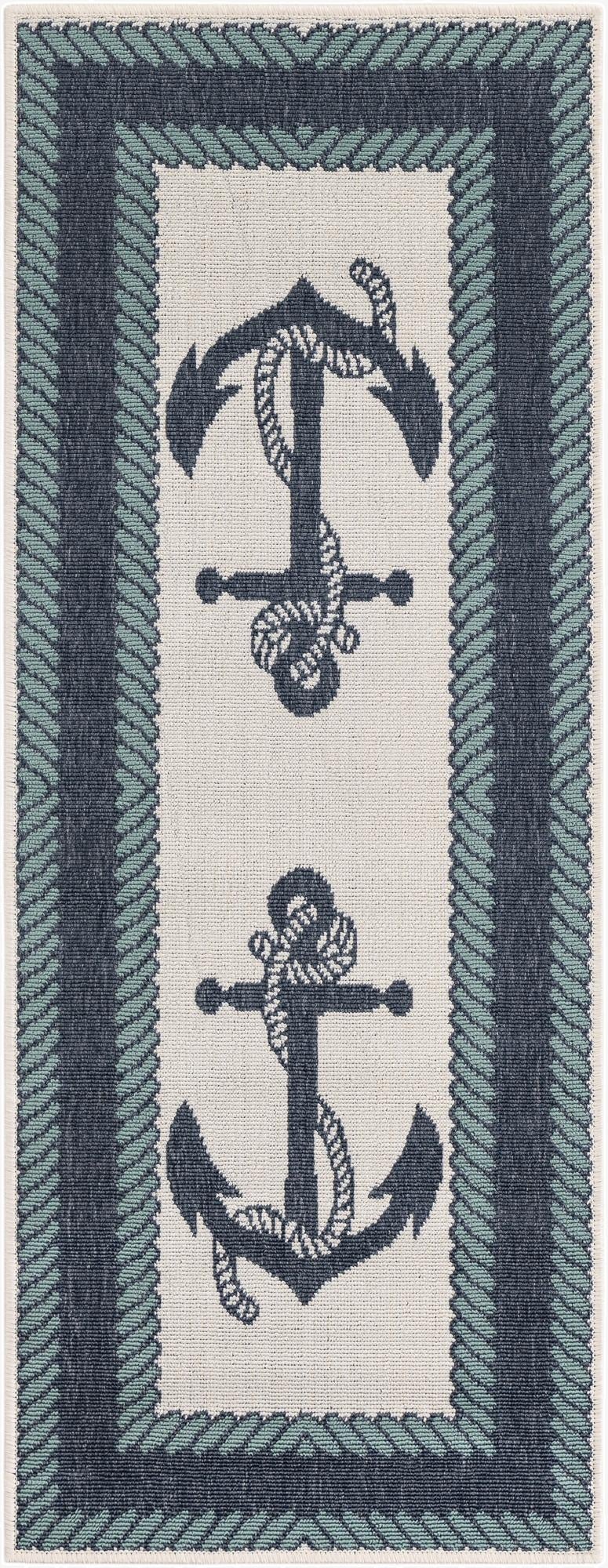 A 5 ft runner rug with a cream background, featuring two large navy blue anchors with rope detailing, bordered by a double stripe of navy and teal rope patterns.
