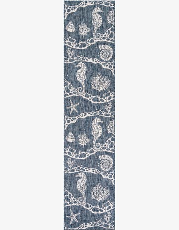 Navy Blue Easy-Clean Coastal Indoor / Outdoor Runner Rug