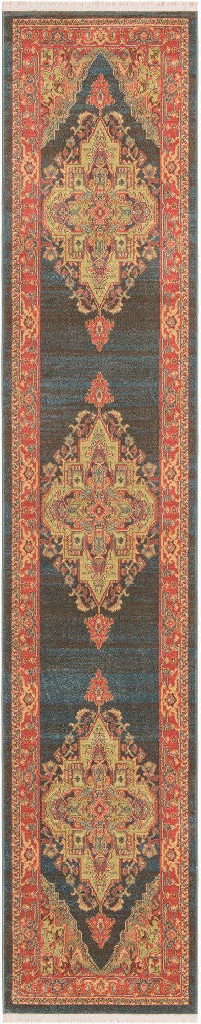 A 13 ft runner rug featuring a traditional Oriental medallion pattern in shades of navy blue, red, and gold, ideal for a hallway.