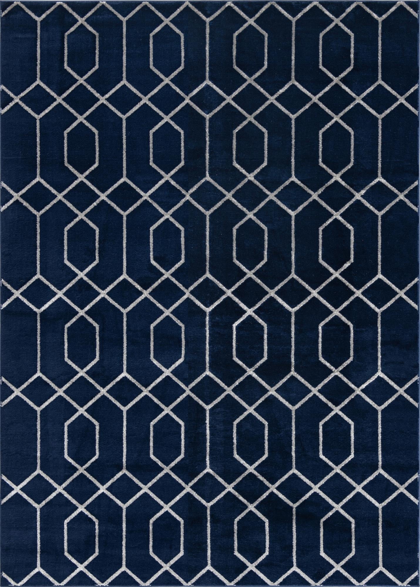 A 7x10 rectangular Marilyn Monroe Glam Trellis rug in deep blue with a repeating silver geometric trellis pattern.