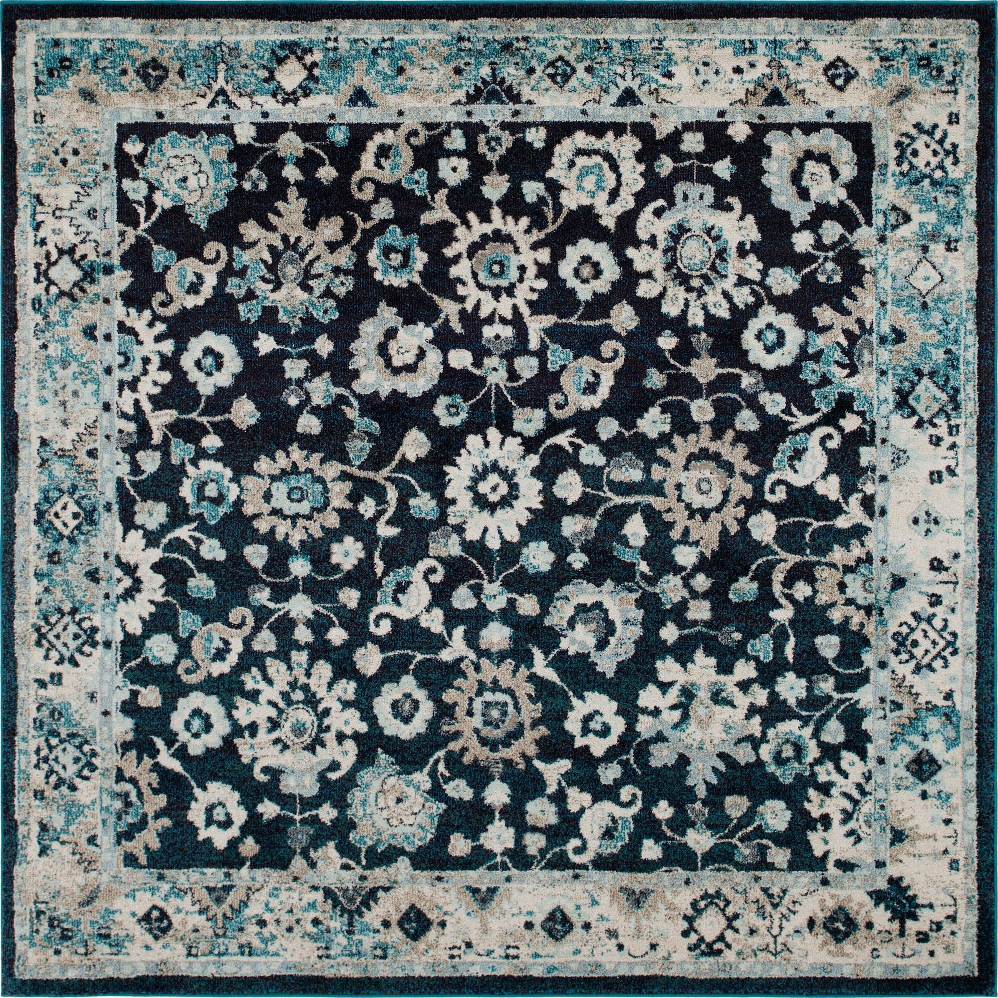 A 7' 10 x 7' 10 square Madeline rug with a navy blue field and a traditional botanical pattern in light blue, teal, and beige.