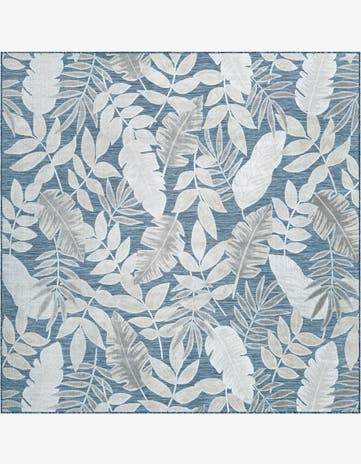 Navy Blue Easy-Clean Botanical Indoor / Outdoor Square Rug