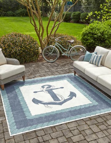 Navy Blue Easy-Clean Coastal Indoor / Outdoor Square Rug