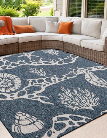 Navy Blue Easy-Clean Coastal Indoor / Outdoor Square Rug